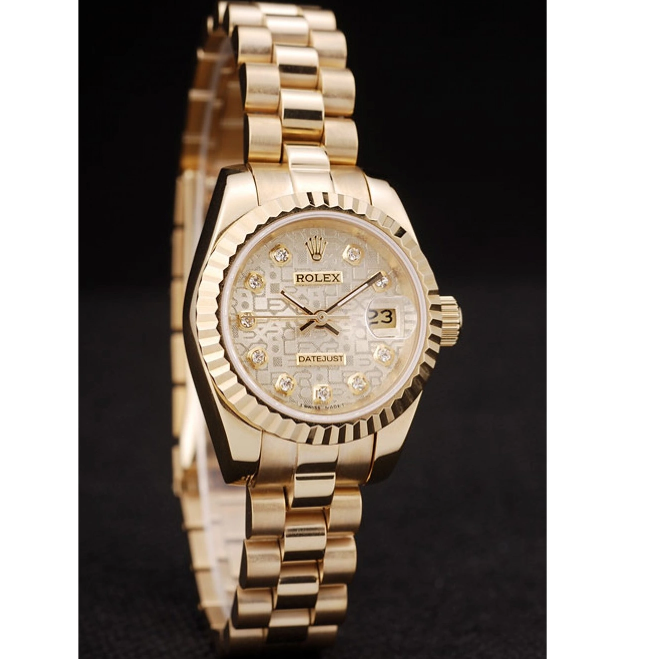 AAA replica watch Pattern Dial DateJust Gold Ribbed Rolex Gold Bezel 0627